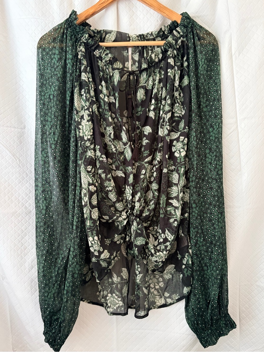 Free People Green Floral Tie-Front Sheer Blouse